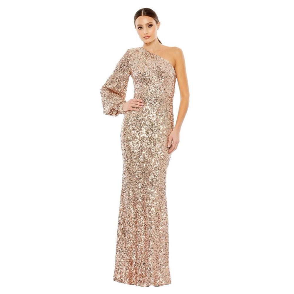 Mac Duggal 26717 Rose Sequin One Shoulder Bishop Sleeve Trumpet Dress Size 14
